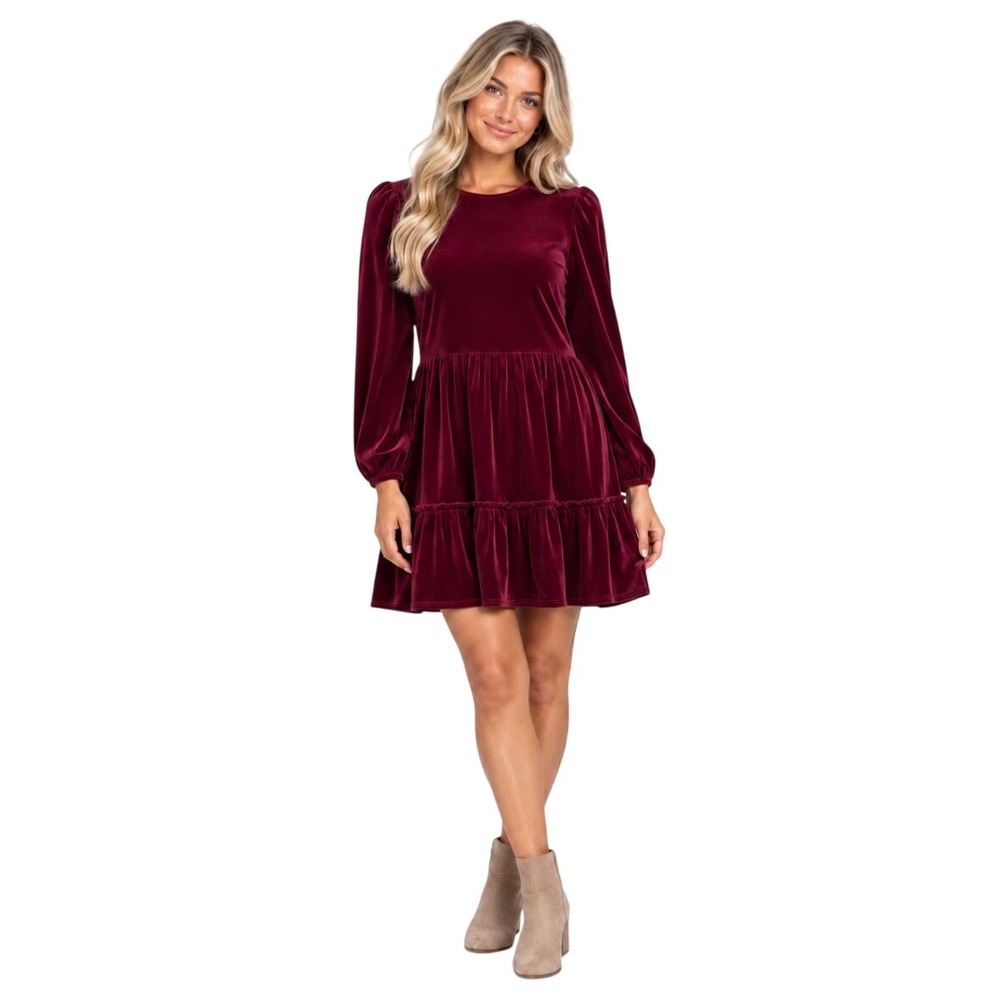 NWT Anthropologie Ro & De Velvet Tiered Mini Dress Wine Red Small APP72844